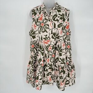 Anthropologie Maeve Sz S Bettina Tiered Green Coral Floral Sleeveless Mini Dress